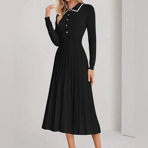 Elegant Black Long Sleeve Dress with White Accents
